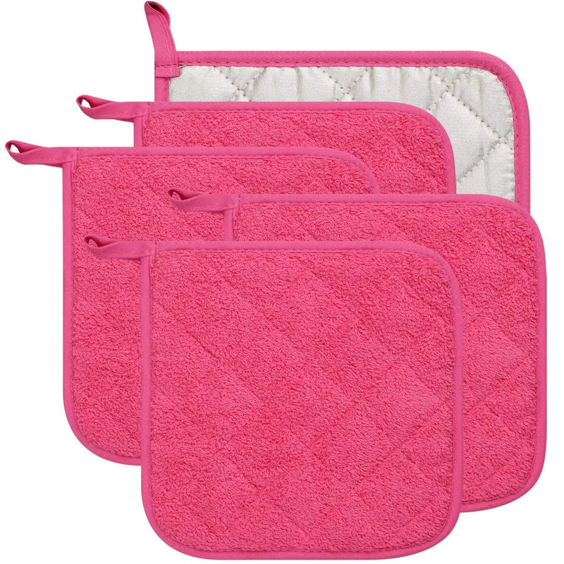 lifaith 100% Cotton Kitchen Everyday Basic Terry Pot Holder Heat Resistant Coaster Potholder for Cooking and Baking Set of 5 (Dark Pink, Potholder) - Image 1